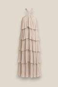 Vestido de volantes en beige taupe claro con escote enlazado al cuello, largo hasta los tobillos, talla única — Quiérete Muxo by Esenzia