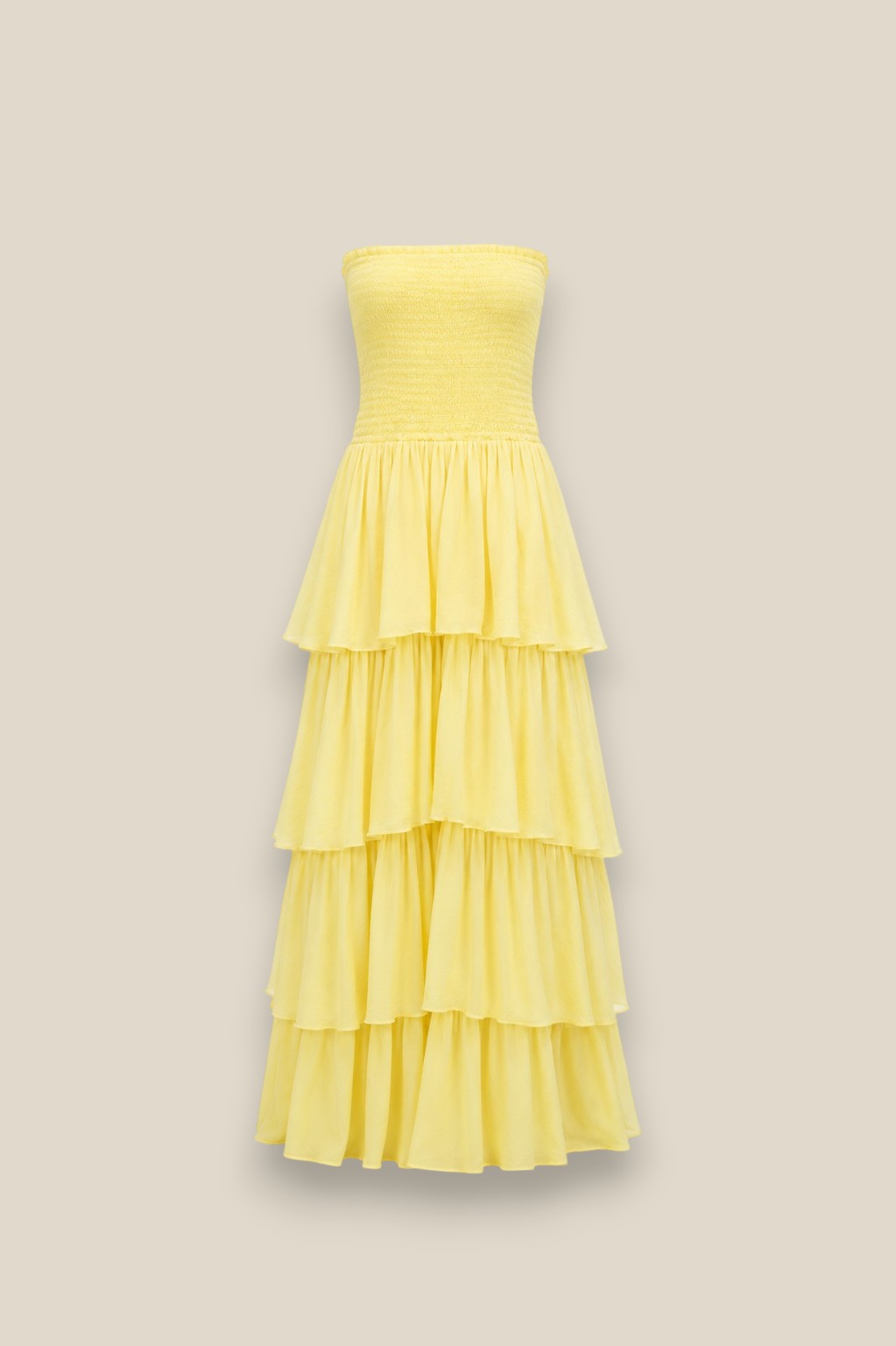 Vestido de volantes largo hasta el suelo en 100% algodón, con 4 volantes escalonados amaraillo