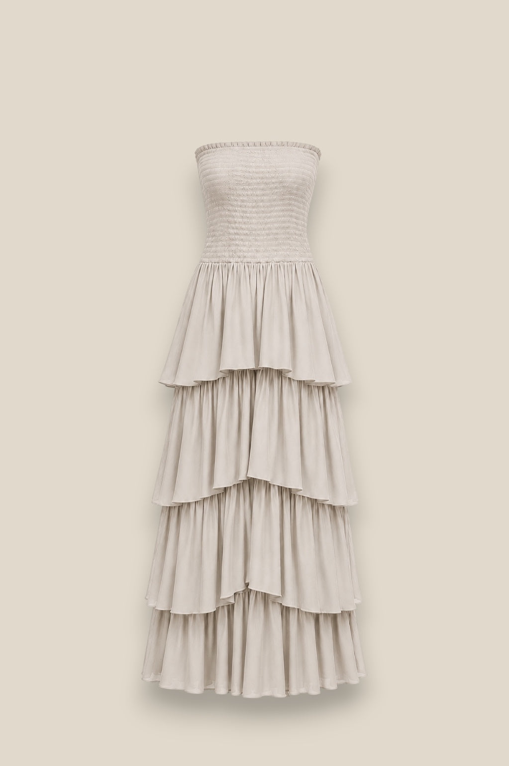 Vestido de volantes largo hasta el suelo en 100% algodón, con 4 volantes escalonados beige