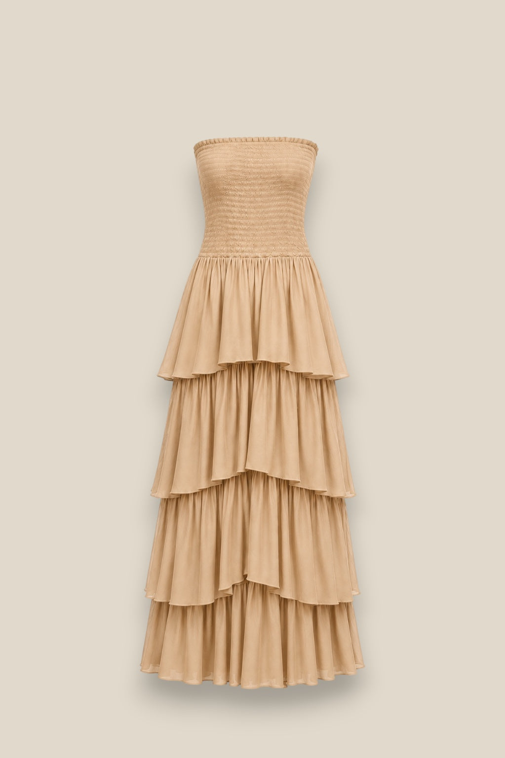 Vestido de volantes largo hasta el suelo en 100% algodón, con 4 volantes escalonados camel claro
