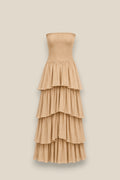 Vestido de volantes largo hasta el suelo en 100% algodón, con 4 volantes escalonados camel claro