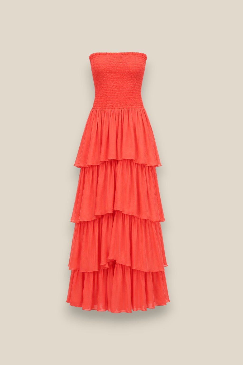 Vestido de volantes largo hasta el suelo en 100% algodón, con 4 volantes escalonados coral