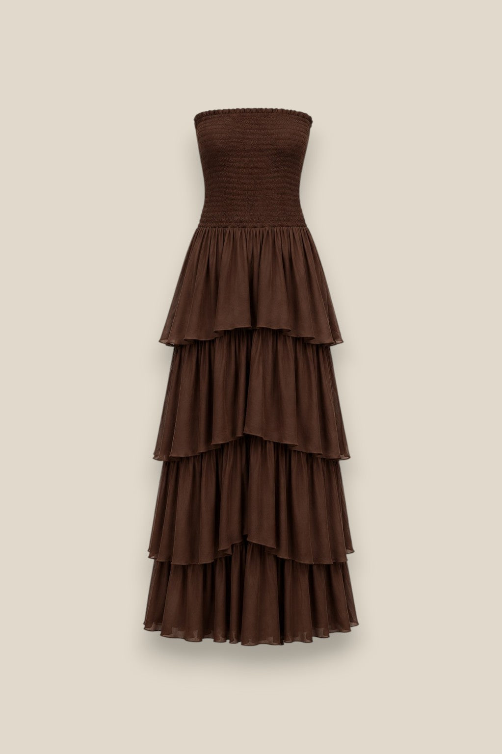 Vestido de volantes largo hasta el suelo en 100% algodón, con 4 volantes escalonados marrón