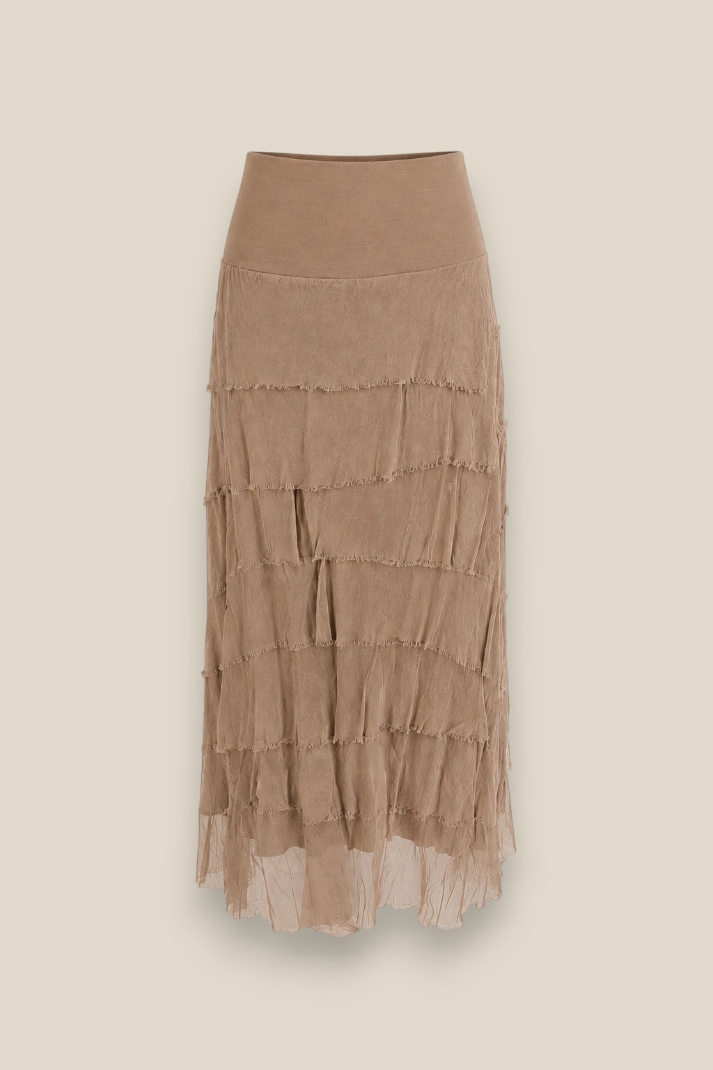 alda larga de volantes en seda natural y base de algodón color taupe, vista frontal, talla única