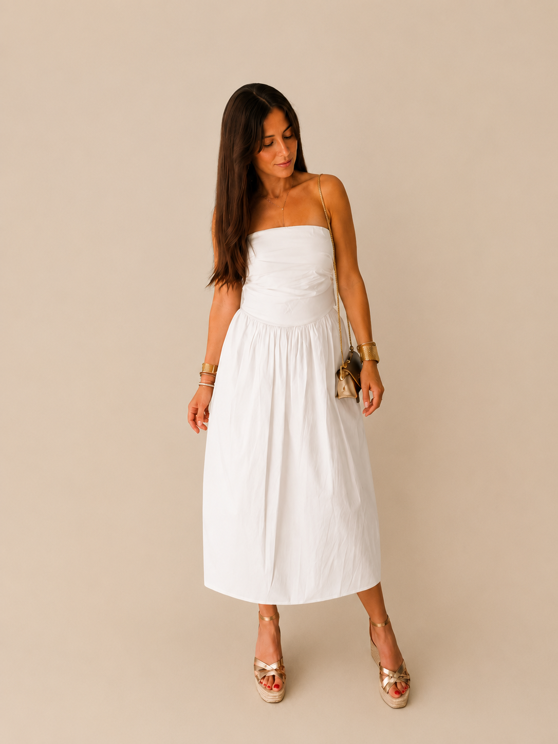detalle Vestido Lazada midi de algodón, escote abullonado y lazada en cintura anudada, 