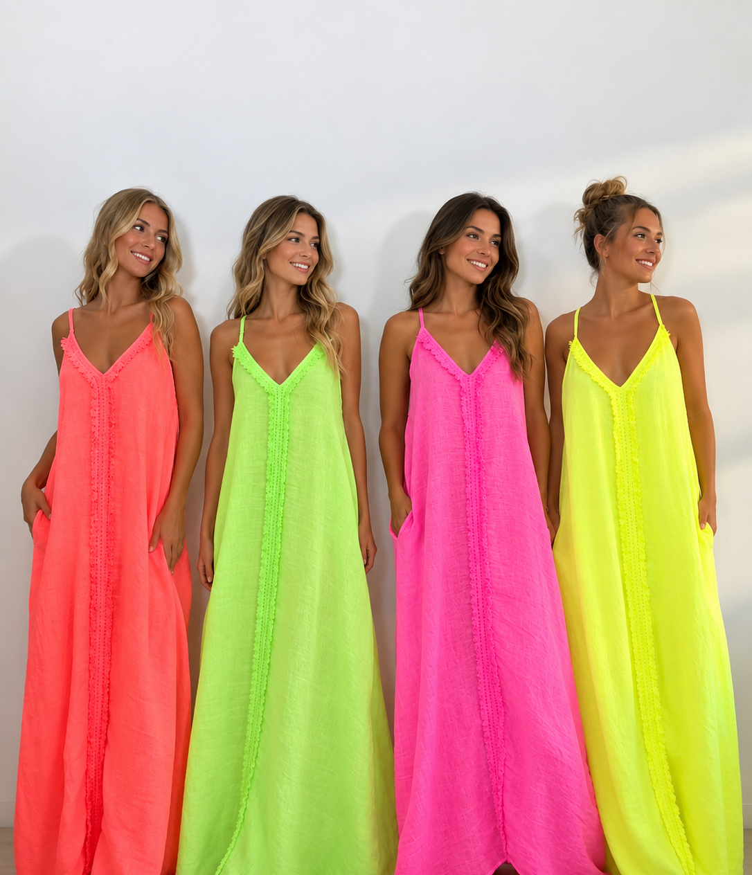 modelos con vestidos de lino 100% fluor en cuatro colores