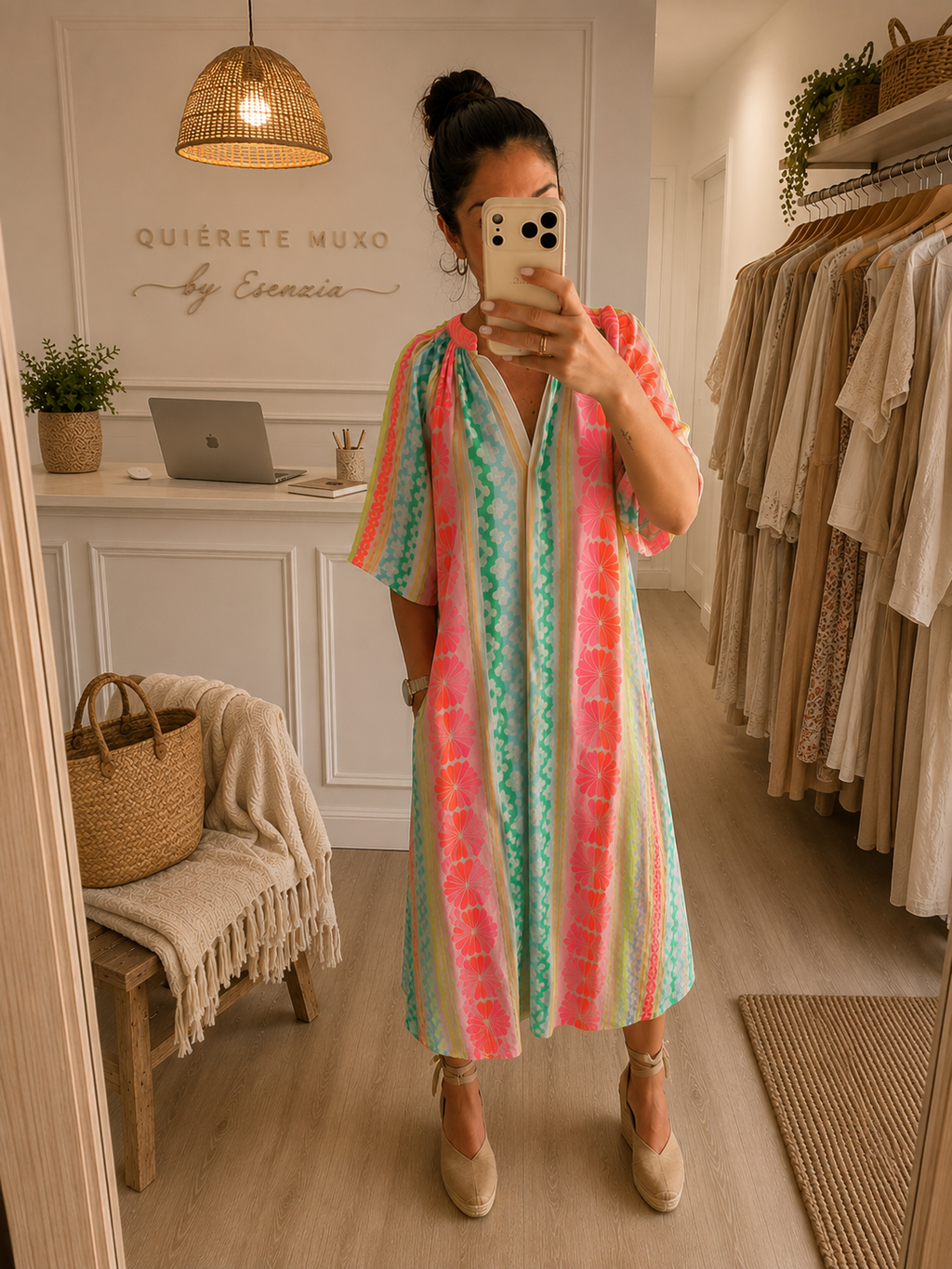 mujer con Vestido Kalami 02 colores flúor 100% algodón de la india