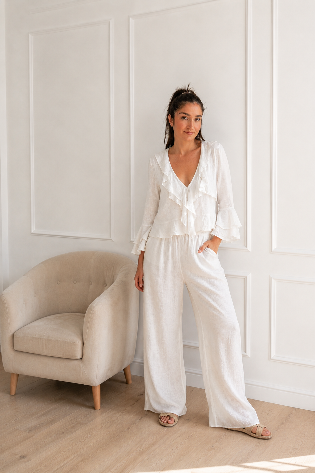 pantalon calma lino 100% blanca moda mujer 