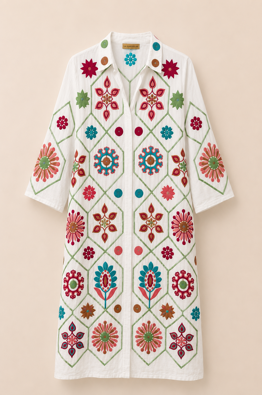 parte delantera de  Vestido bordado 100% algodón indio 